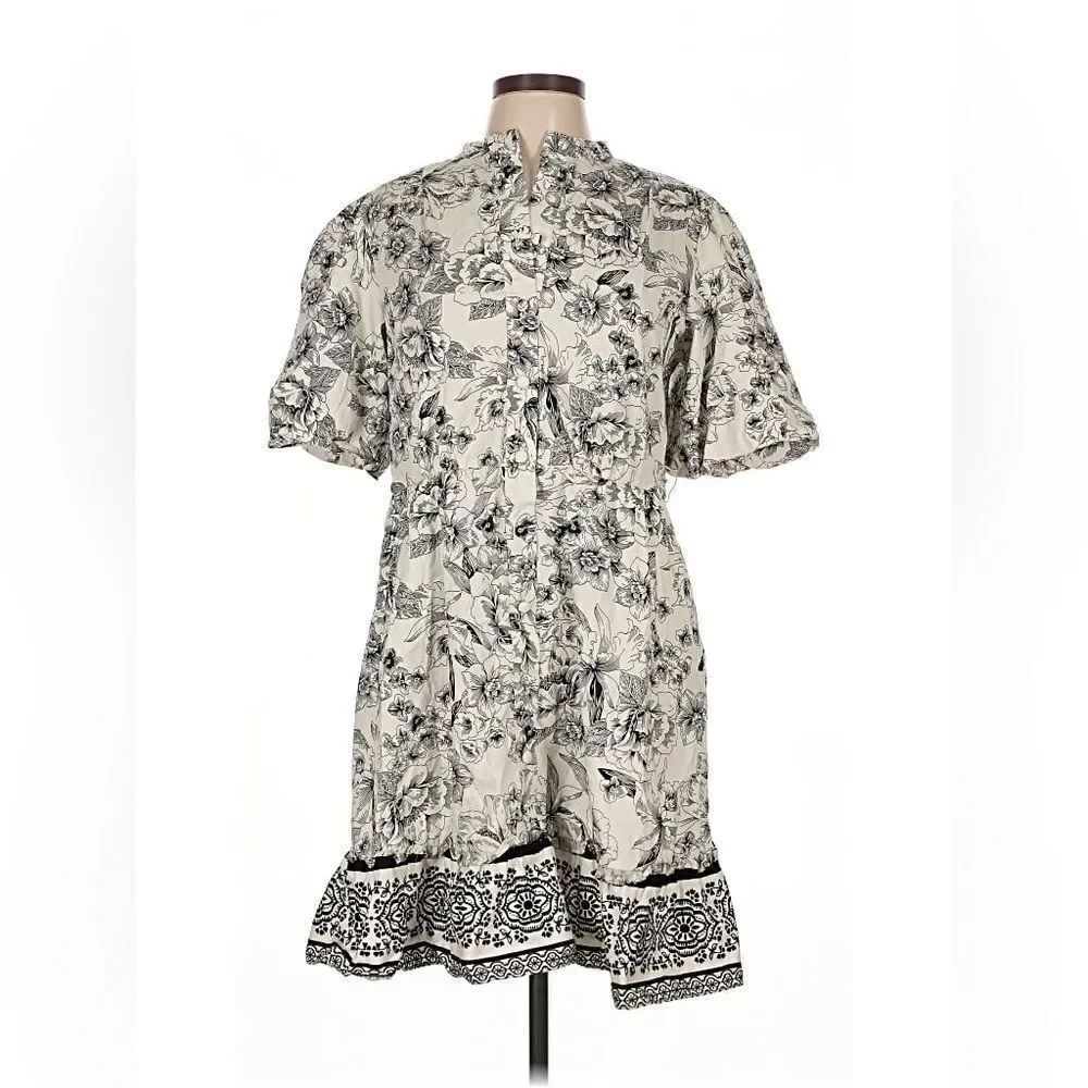 Joie | Cream & Black Belted Puff Sleeve Button Down Cotton Poplin Dress NWT | 16